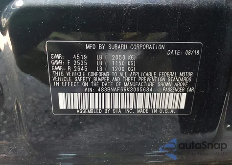 2019 Subaru Legacy 2.5I Premium from USA, damaged, VIN 4S3BNAF66K3005684